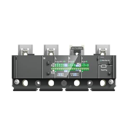 Elektrisches Modul mit Beschriftungen über Stromstärke und Spannung, drei Anschlüsse oben, Test-Diode in der Mitte sichtbar.