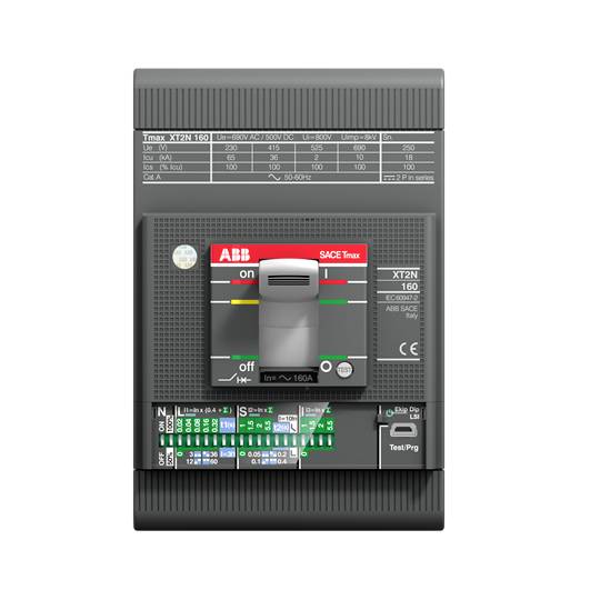 Schwarz-grauer ABB SACE Tmax XT2N Leistungsschalter mit Schalterpositionen 'on' und 'off', technische Spezifikationen oben.