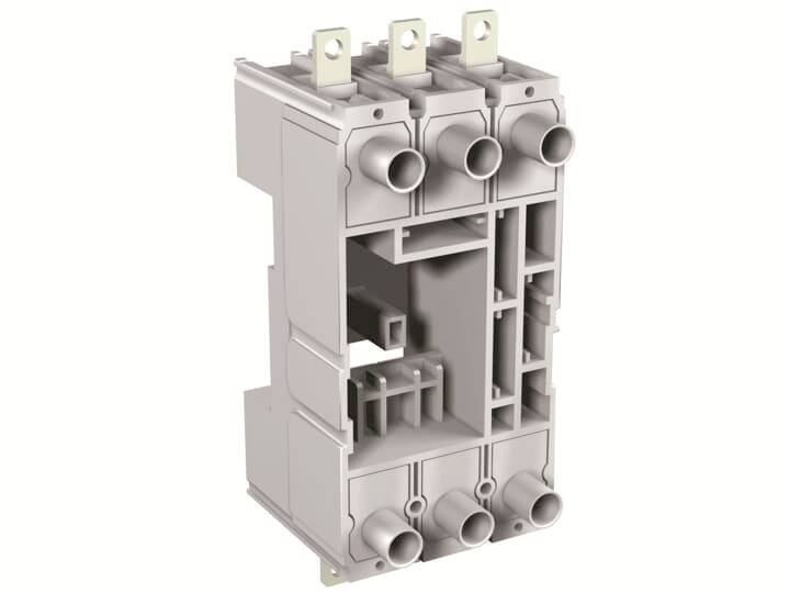 Grau-weißer elektrischer Schalter oder Unterbrecher mit mehreren Anschlüssen und Gehäuse, zeigt industrielle Nutzungskomponenten.