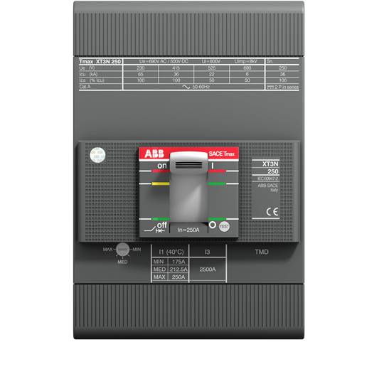 Elektrischer Leistungsschalter mit ABB-Logo in der Mitte, mit LEDs und technischen Angaben. Geeignet für 250A Stromstärke.
