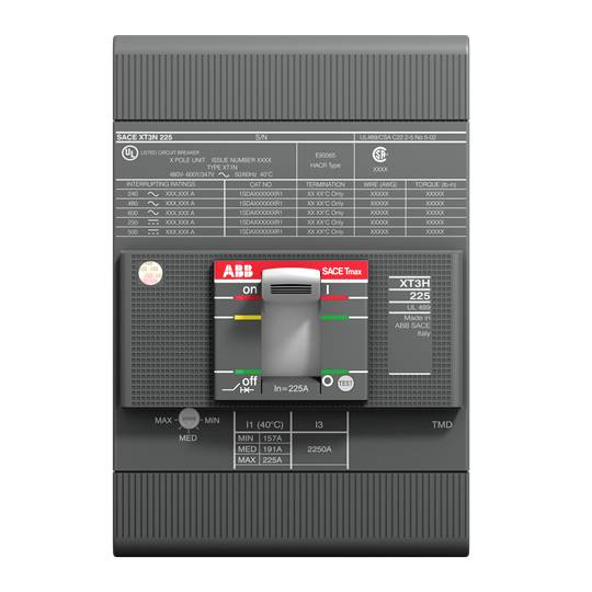 Ein grauer Leistungsschalter mit rotem ABB-Logo. Der Schalter zeigt 'on' und 'off' Positionen. Oben befinden sich technische Spezifikationen.