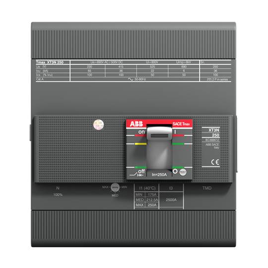 Elektrischer Leistungsschalter mit rotem Hebel, Marke ABB, Modell XT3N. Beschriftungen zeigen technische Spezifikationen und Einstellungsoptionen.
