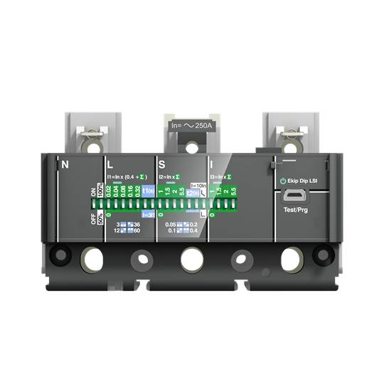Elektrischer Sicherungsautomat mit Schaltern und LED-Anzeige. Zeigt 'ON' und 'OFF' Beschriftungen. Test/Prg-Taste seitlich.