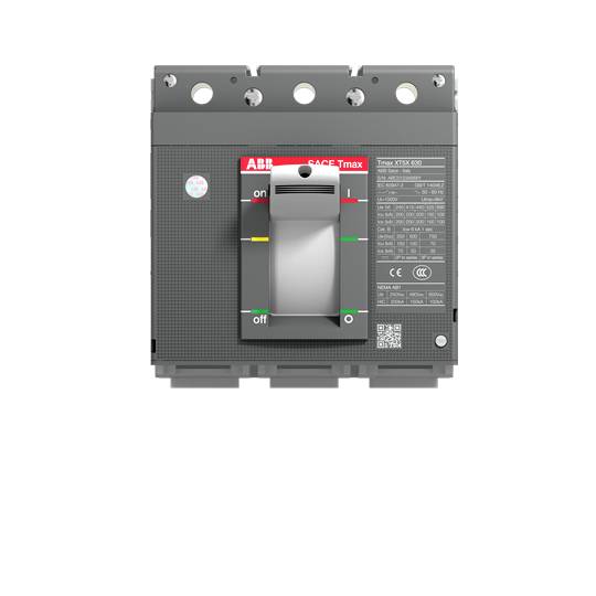 Ein Leistungsschalter der Marke ABB mit Hebel in Position 'on/off', Modellbezeichnung 'SACE Tmax', zeigt Kenndaten auf der Vorderseite.