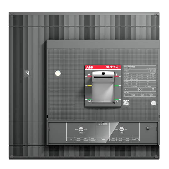 Ein grauer ABB-Schutzschalter, Modell SACE Tmax, mit Schalterstellungen 'ein' und 'aus'.
