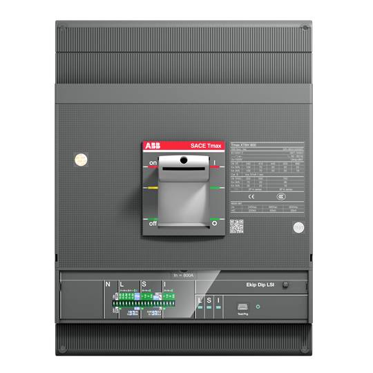 Leistungsschalter der Marke ABB in grauem Gehäuse mit anzeigen für An und Aus sowie einem digitalen Display zur Steuerung.