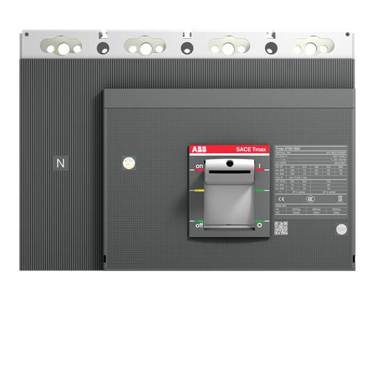 Ein elektrischer Leistungsschalter von ABB, Modell SACE Tmax, mit einem Schalter zur Steuerung von on/off, auf grauem Hintergrund.