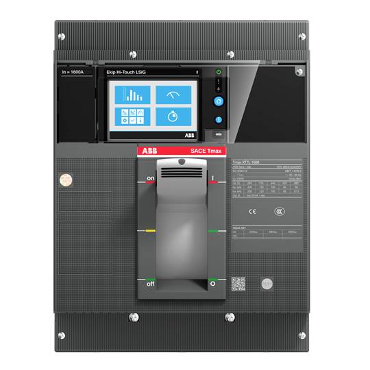 Elektrischer Leistungsschalter mit digitalem Display und Bedienfeld, zeigt verschiedene technische Symbole und Messwerte.