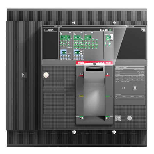 Ein elektrischer Leistungsschalter von ABB, Typ Tmax, mit digitalem Interface und Schutzschalteranzeige, geeignet für industrielle Anwendungen.