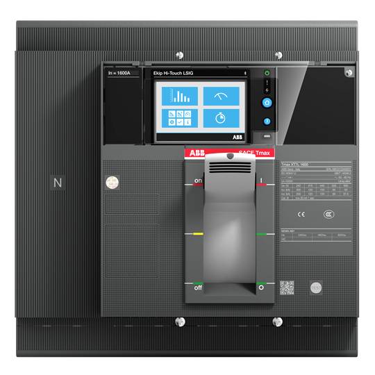 Industrieller Leistungsschalter 'ABB SACE Tmax'. Zeigt Frontansicht mit digitalen Anzeigeelementen und Schaltergriff in der Mitte.