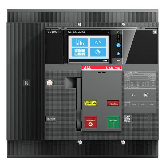 Ein elektrischer Schutzschalter mit digitalem Display zeigt Symbole für Strom, Spannung und Leistung. Hersteller-Logo oben rechts.