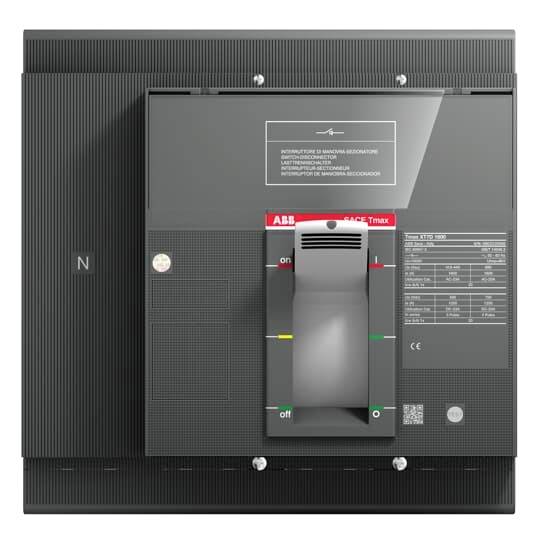 Ein elektrischer Leistungsschalter mit einem großen Hebel in der Mitte und Hinweisschildern oben. Enthält technische Spezifikationen.