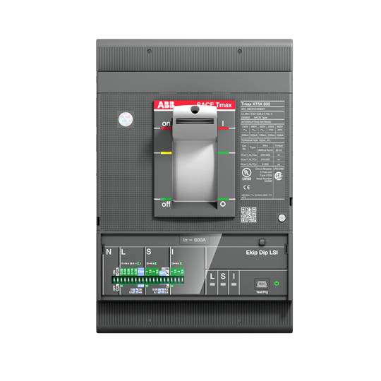 Schalter der Marke ABB, Modell Ekip Dip LSI. Zeigt An/Aus-Positionen, technische Daten auf der Frontplatte und Testknoten.