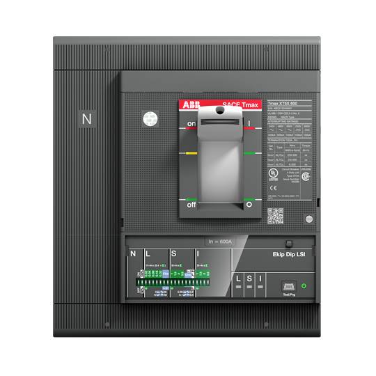 Trockener, digitaler Leistungsschalter. Markierungen 'SACE Tmax', 'ABB'. Umfasst Schalter, Anzeigen und Anschlüsse.