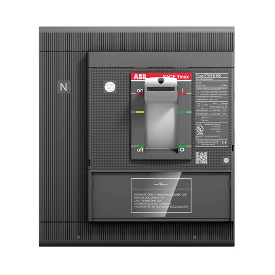 Ein schwarzer ABB-SACE Tmax Leistungsschalter mit Hebel in der Mittelstellung. Beschriftungen für 'On' und 'Off' sichtbar.