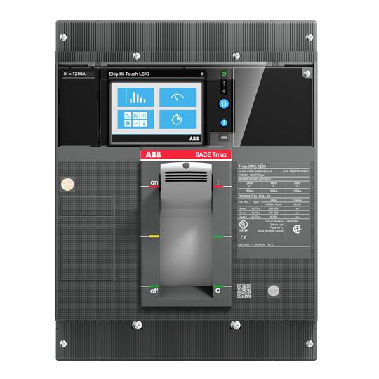 Ein digitaler Leistungsschalter von ABB mit integriertem Touchscreen-Display. Modell: SACE Tmax T mit Stromstärke von 1200A.