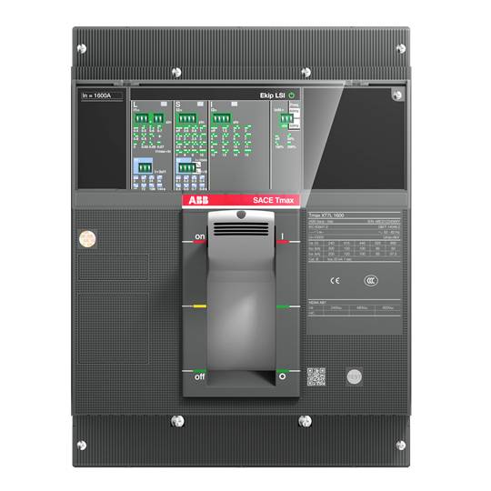 Leistungsschalter mit ABB-Logo, zeigt Schalterpositionen 'on' und 'off', mit digitalem Display und technischen Spezifikationen oben.