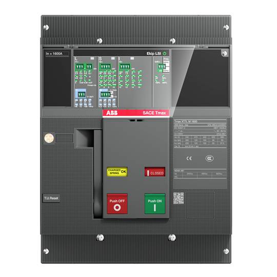Industrieschalter mit Bedienfeld, LED-Anzeigen und Schaltern 'Push OFF' und 'Push ON'. Modell 'SACE Tmax' von 'ABB'.