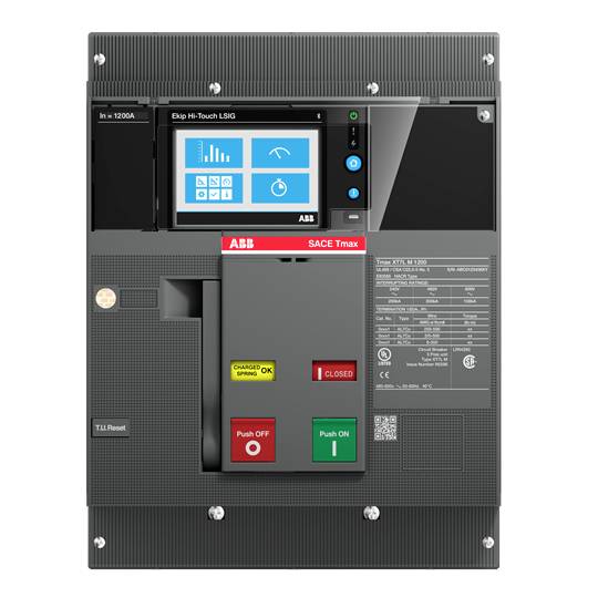 ABB SACE Tmax Schalter mit Touchscreen zeigt elektrische Parameter. Großer roter und grüner Knopf unten zum Ein- und Ausschalten.