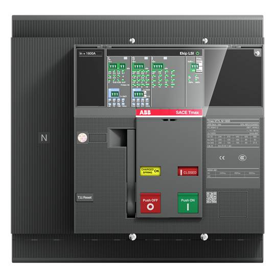 Ein grauer Leistungsschalter mit digitaler Anzeige und Beschriftungen. Zwei Knöpfe, 'Push ON' und 'Push OFF', sind prominent sichtbar.