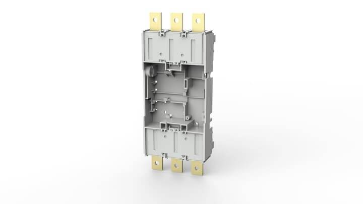 Industrieelektronik-Gehäuse mit mehreren Anschlüssen, ohne sichtbare elektronischen Komponenten, vor einem weißen Hintergrund.