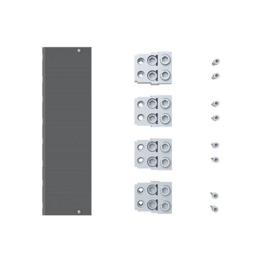 Ein Solarmodulhalterungsset bestehend aus einem langen, rechteckigen Metallstreifen, vier Halterungsclips und sechs Schrauben.