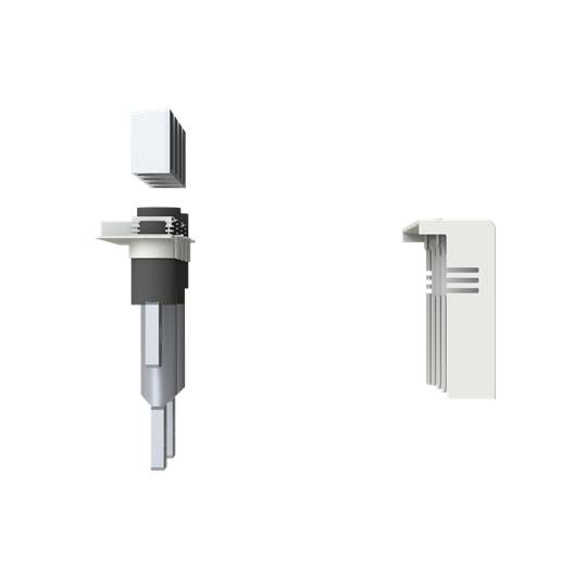 Zwei elektronische Komponenten vor weißem Hintergrund, links ein mehrschichtiger Aufbau mit einem Steckelement, rechts ein einzelner Stecker.