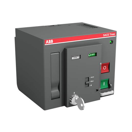 Ein graues elektrisches Gerät mit einem roten ABB-Logo oben links und einem Schalter mit grüner 'I' und roter 'O' Taste.