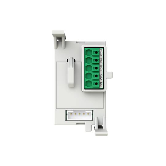 Weißes elektronisches Modul mit mehreren Anschlussklemmen und Steckverbindern, die für die Integration in größere Systeme geeignet sind.