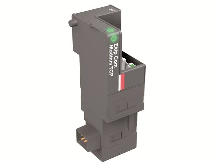 Elektronisches Modul mit der Aufschrift 'Eth Com ModbusTCP', rechteckige Form, dunkel, mit grüner LED-Anzeige oben links.