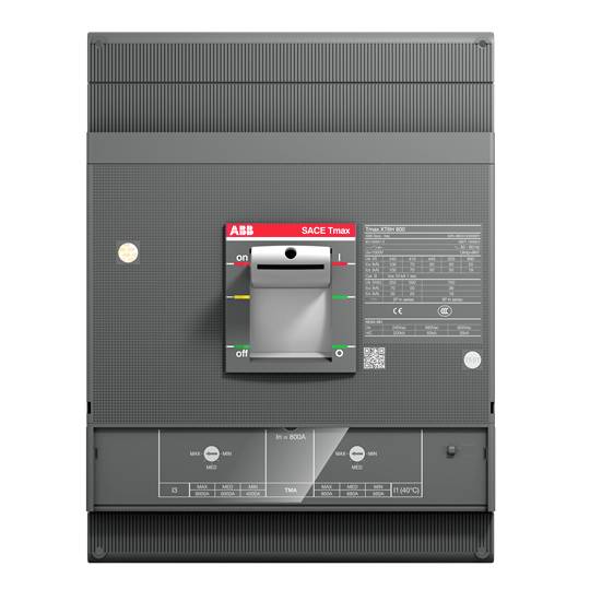 Ein elektrischer Leistungsschalter von ABB, Modell SACE Tmax, mit Schalter in Mittelposition und technischen Details auf der Oberfläche.