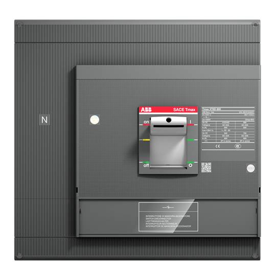 Ein elektrischer Leistungsschalter in Grau mit rotem Hebel, markiert mit 'on' und 'off'. Herstellerlogo oben links, technische Daten rechts.