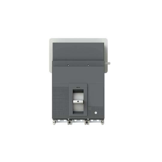 Ein grauer, rechteckiger Automat mit Bildschirm oben. Er hat eine Öffnung unten, wahrscheinlich für den Warenausgabe.