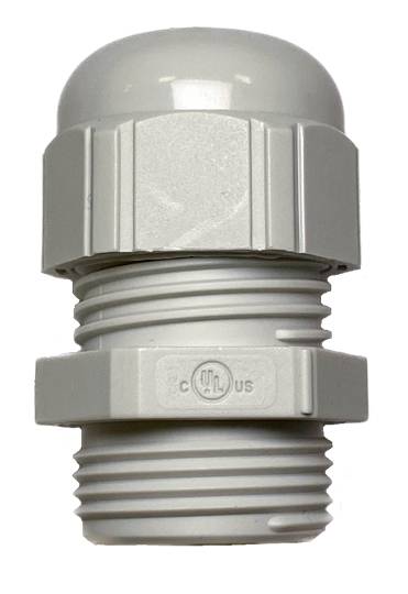 Grauer, zylindrischer Kabelverbinder aus Kunststoff mit Gewinde, geeignet für Kabelverschraubungen, zeigt Prüfzeichen auf der Oberfläche.