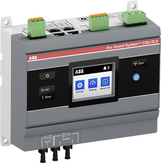 Elektronisches Steuergerät mit Display und mehreren Anschlüssen. Auf dem Display sind Symbole für 'Einstellungen', 'Lesen' und 'Geräteinfo' sichtbar.