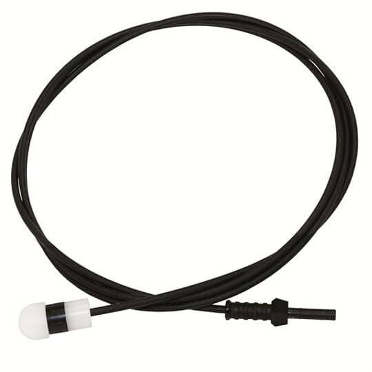 Ein schwarzes Kabel mit weißem Sensor am Ende, geeignet für elektronische Geräte. Der Sensor befindet sich an einem glatten, abgerundeten Kopf.