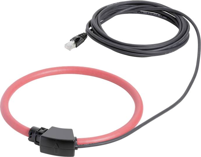 Ein schwarzes Kabel mit einem roten Ring und einem Steckverbinder ist aufgerollt und bereit für die Verwendung.
