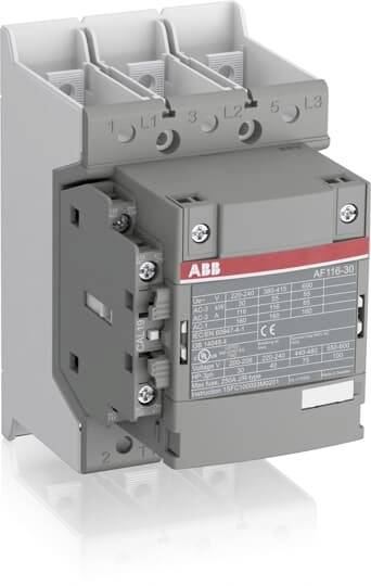 Grauer ABB-Schütz mit Beschriftungen und Anschlüssen für industrielle Elektroinstallationen. Geeignet für dreiphasige Stromkreise.
