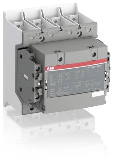 Ein grauer ABB-Schütz, AFT40E-40-11, mit vier Anschlüssen, geeignet für industrielle Anwendungen in elektrischen Schaltkreisen.