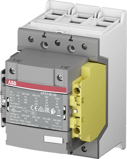 Ein elektrischer Schütz der Marke ABB mit gelben und grauen Komponenten, sichtbar mit technischen Details auf der Vorderseite.