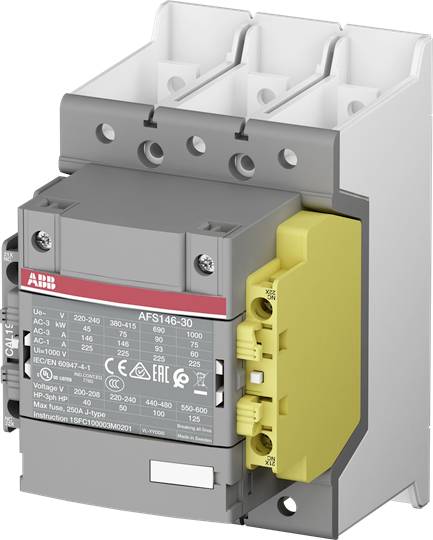 Ein elektrischer Schütz mit gelben und grauen Komponenten und verschiedenen technischen Spezifikationen aufgedruckt, Marke ABB.