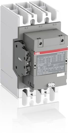 Ein graues elektrisches Schütz mit Etikett und Anschlüssen. Markenlogo oben. Genutzt in Steuerungen für Unterbrechung hoher Ströme.