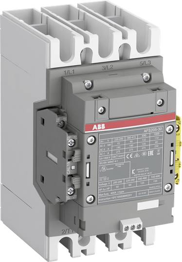 Industrieschütz von ABB mit drei Hauptanschlüssen oben und zwei Hilfsanschlüssen an der Seite. Modell AFS2005-30, graues Gehäuse.