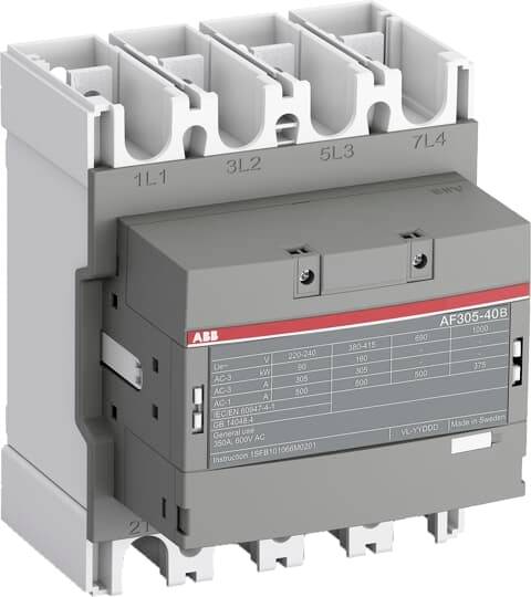 Ein elektrischer Schütz der Marke ABB, Modell AF305-40B, mit technischer Informationstafel auf der Vorderseite.