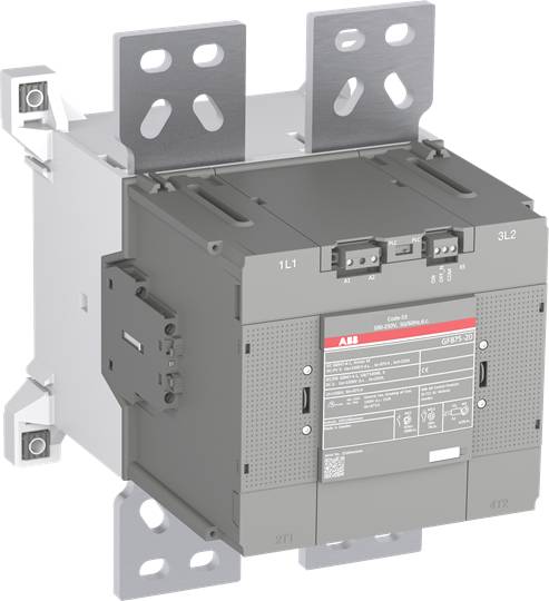 Ein grauer Leistungsschalter mit mehreren Anschlüssen und Schaltmechanismen, markiert mit 'ABB' und technischen Spezifikationen auf der Vorderseite.