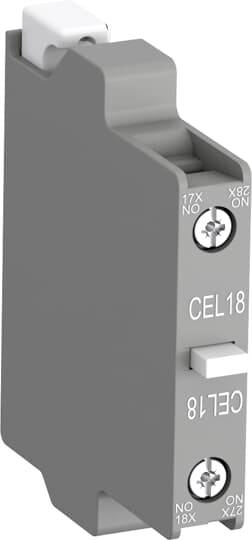 Grau-weißer elektrischer Sicherungsautomat mit Beschriftung 'CEL18', zeigt die seitlichen Anschlüsse und Schrauben für Montage.
