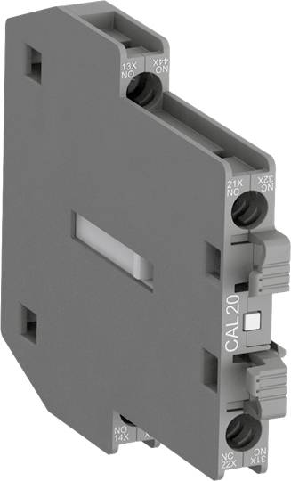 Ein graues, rechteckiges elektrisches Relaismodul mit der Aufschrift 'CAL20', seitlich vier Anschlüsse erkennbar.