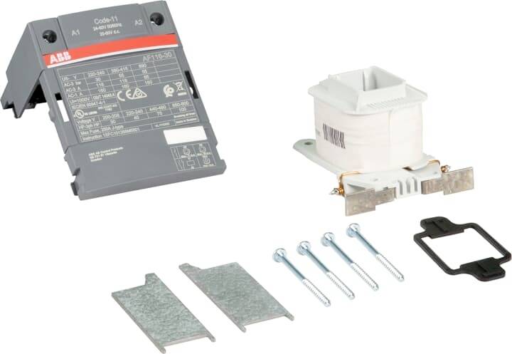 'Schützbausatz mit elektronischer Spule für A50-30-00-81 Typ B von ABB.' Zeigt Gehäuse, Spule, Metallplatten, Schrauben und einen Rahmen.