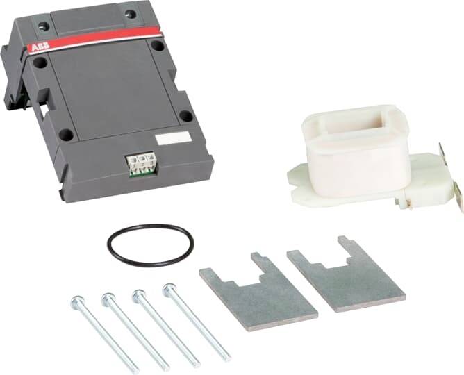 Ein schwarzes elektronisches Gerät mit Kabelanschluss, begleitet von Montagezubehör: Schrauben, Dichtungsring und Befestigungselementen.