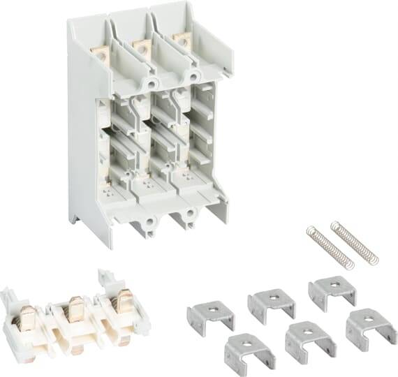 Ein weißer elektrischer Sicherungskasten mit mehreren Steckplätzen, umgeben von abnehmbaren Klemmen und zwei Federn rechts.